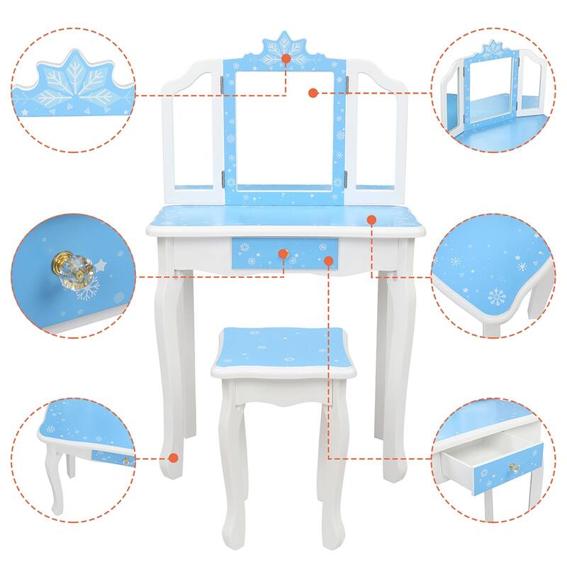 Kids Vanity Table and Stool Set Three-Sided Folding Mirror Single Drawer