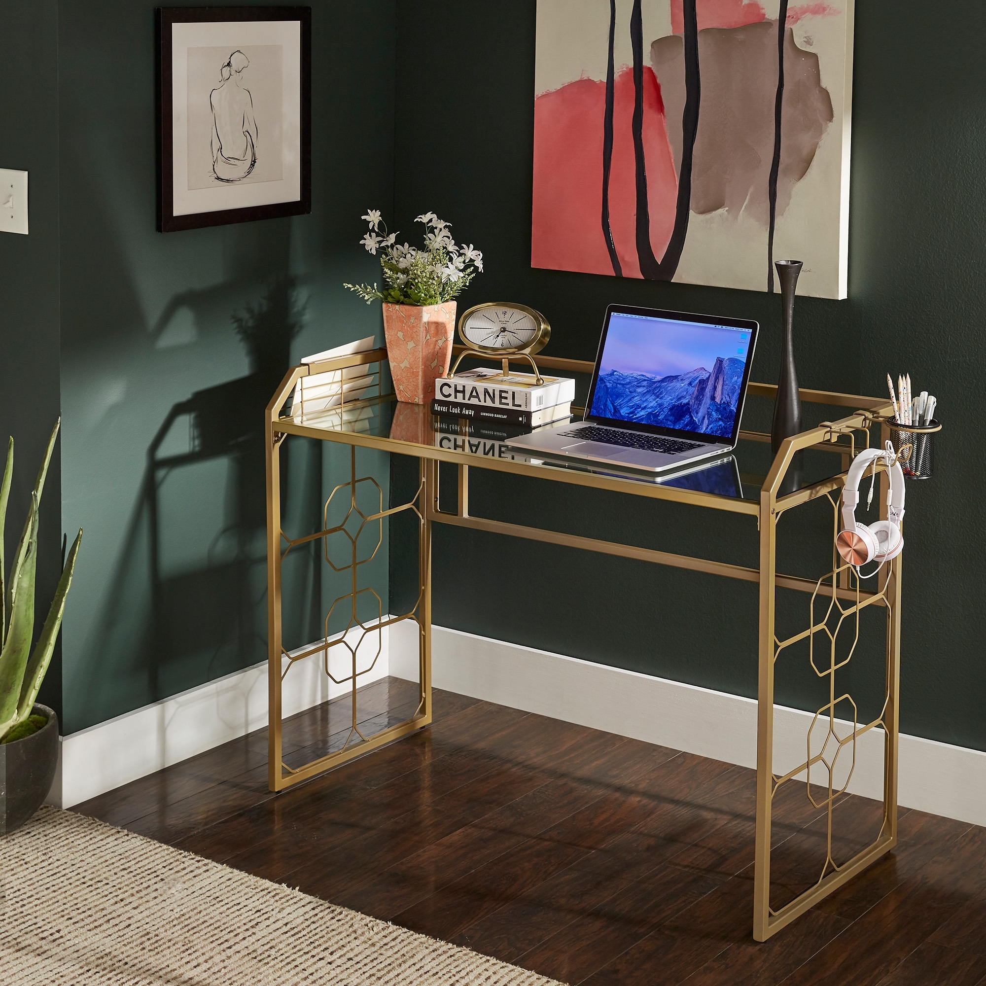 Elle Octagon Pattern Gold Metal and Glass Desk by iNSPIRE Q Bold