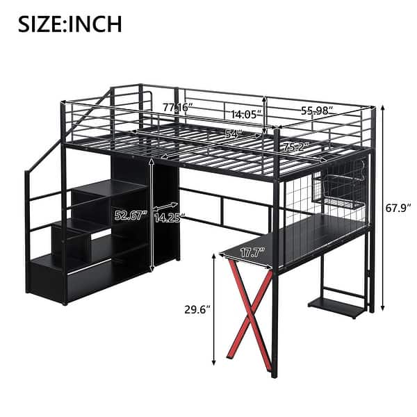 dimension image slide 2 of 3, Gaming Metal Loft Bed with Built-in Work Station & Wardrobe, Heavy Duty Loft Bed Frame with Storage Staircase and LED Lights