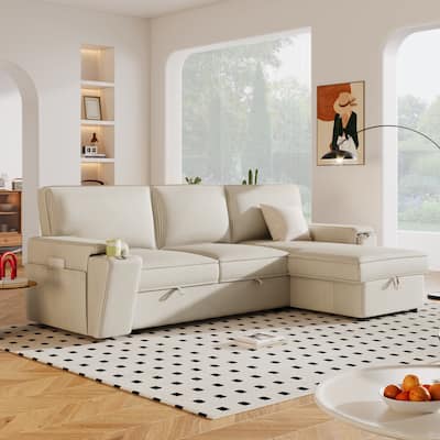 96.1" Polyester Sleeper Sectional Sofa with Storage & Cup Holders