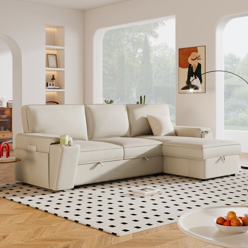 Upholstery Sleeper Sectional Sofa with Storage Bags and 2 Cup Holders on Arms, Beige, Polyester