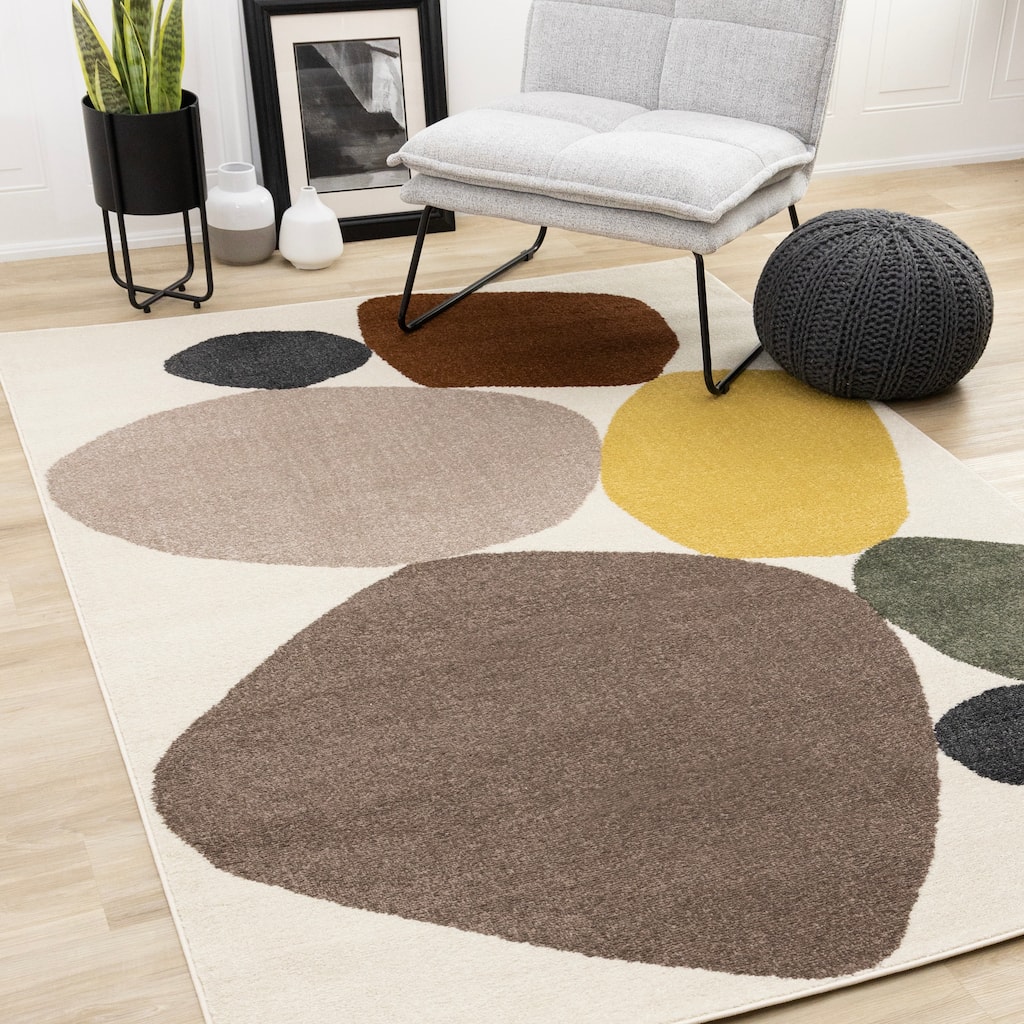 Marley Collection - Colorful Stones Cream Oxblood Yellow Green Rug