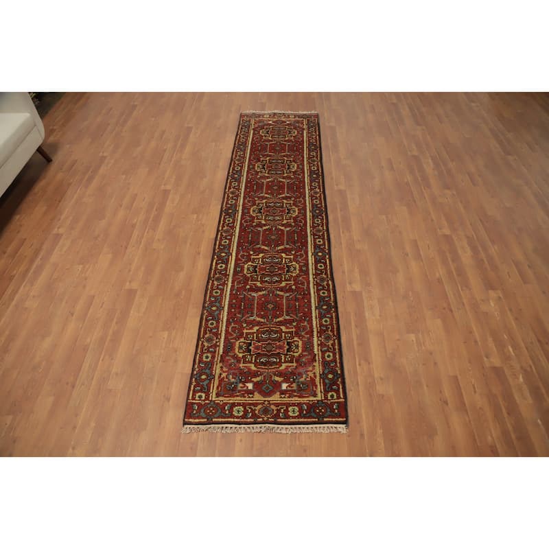 Hand Knotted Oriental 100% Wool Carpet Traditional Geometric Oranges & Rust Heriz (serapi) Runner Rug - 10' 0'' X 2' 6''