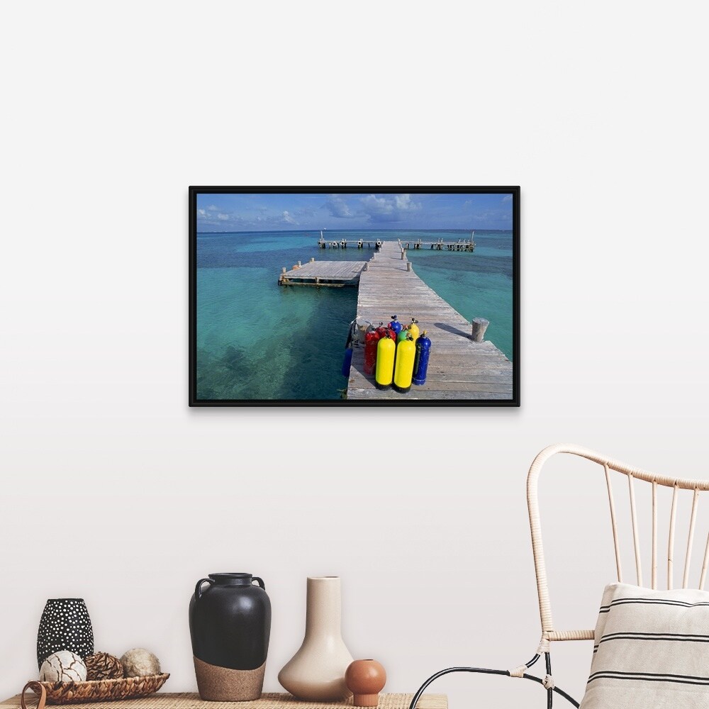 Shop Scuba Tanks On Pier Black Float Frame Canvas Art