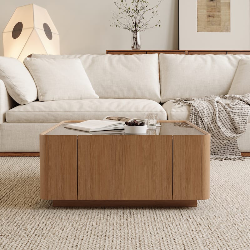 31.5-Inch Square Coffee Table with Storage Drawers,Modern Wooden Coffee Table with Glass Top ,Tea Table Center Tables