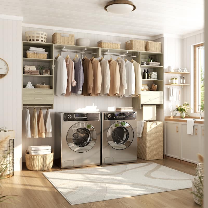 Rackcog Laundry Room Organizer with Drawers, Wall-mounted Closet System with Hanging Rods