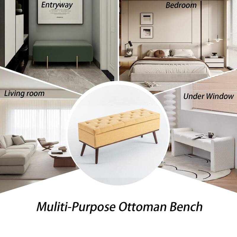 Linen Storage Ottoman Bench with Wood Legs, Upholstered Entryway Bench Tufted Mid Century Modern Ottoman Bedroom End of Bed