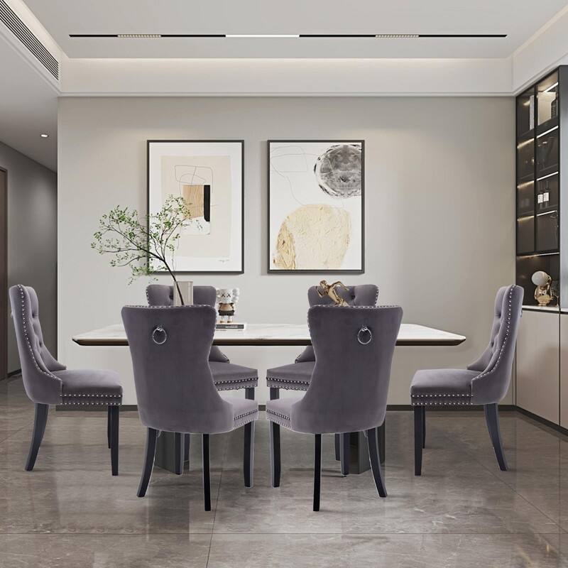 Tufted Naliheads Solid Wood Upholstered Dining Chairs Set of 6 - Grey BlackLegs
