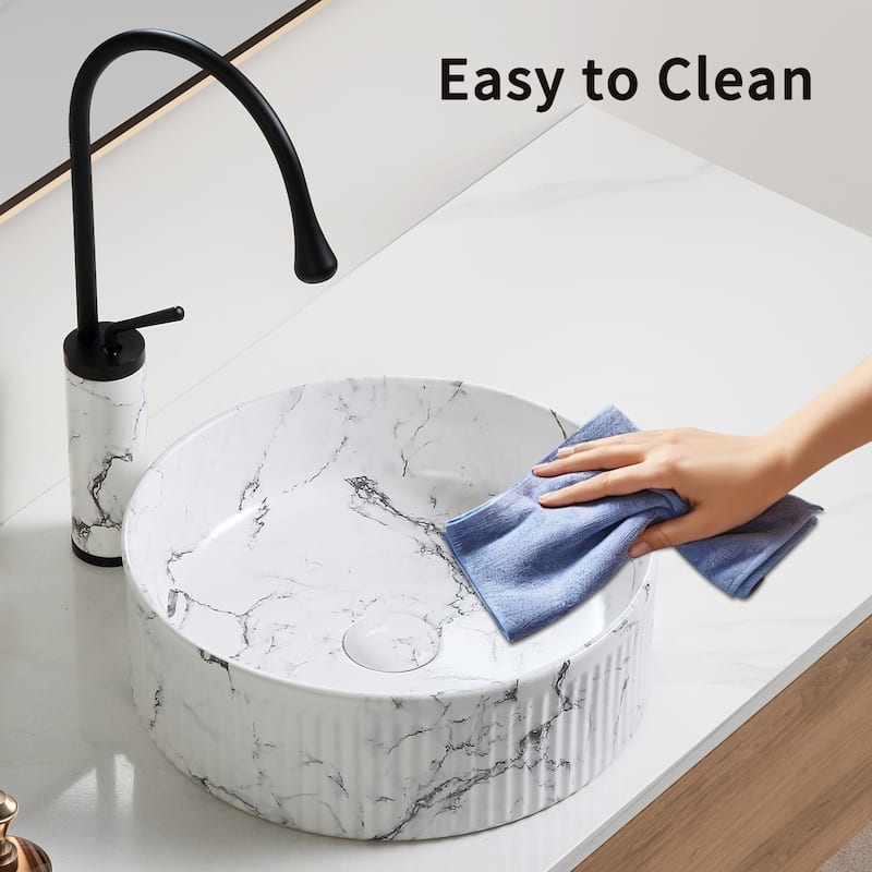 GDFStudio - Luxury Ceramic Vessel Sink with Marble Pattern Surface, Included Faucet and Drain - 15"