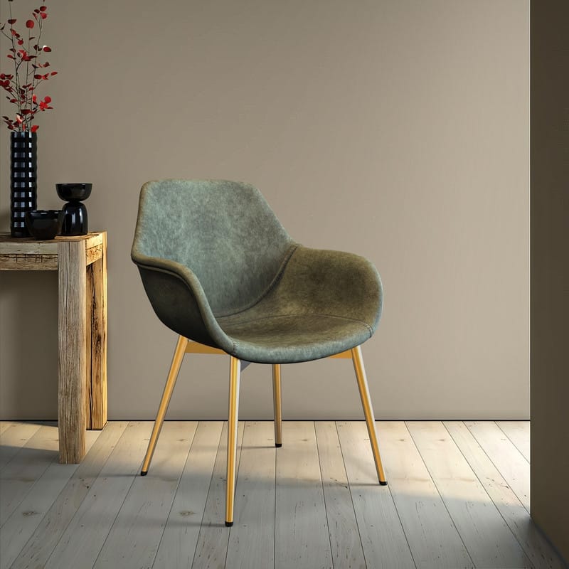 Markley Modern Leather Dining Armchair with Distressed Upholstery, Gold Metal Legs, and Ergonomic Design for Kitchen or Office