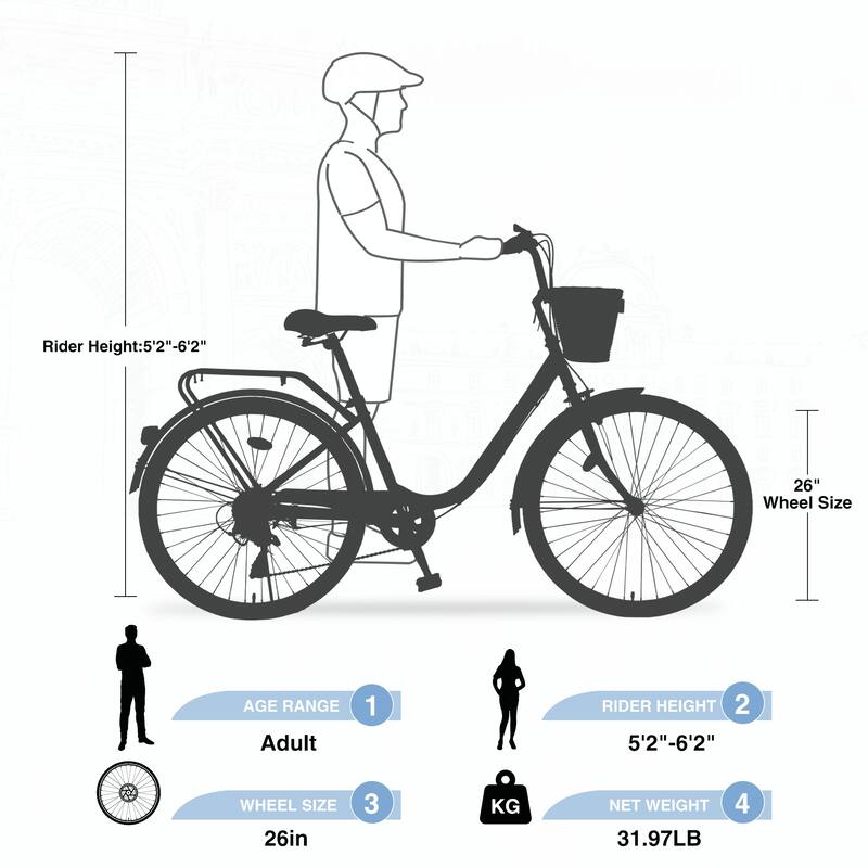 7 Speed City Bike With Basket,26 Inch Girls Bicycle