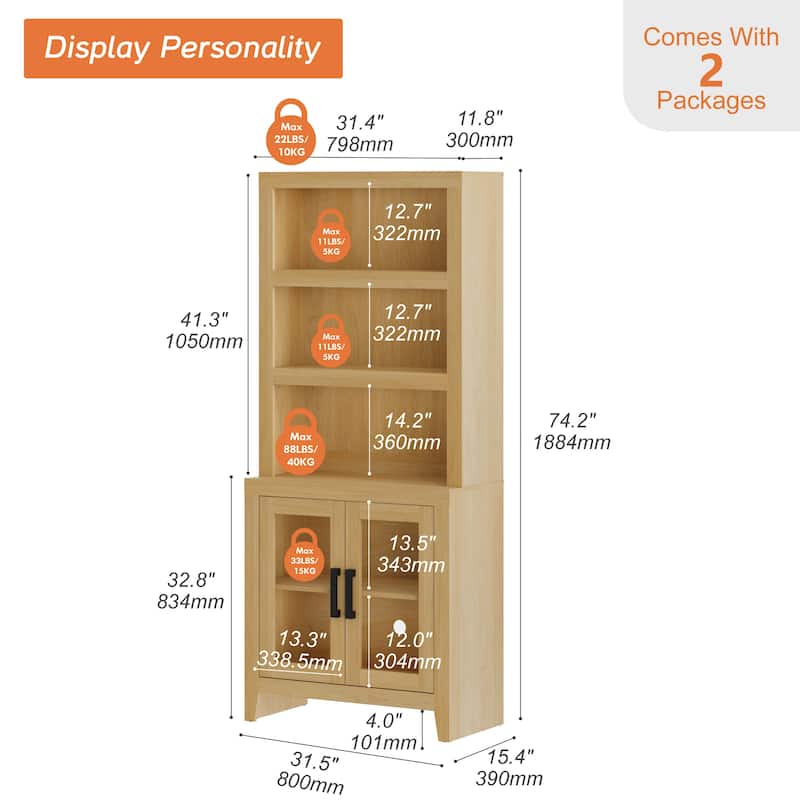WAMPAT 3 Tier Bookshelf with Glass Door, 74" Tall Bookcase with Adjustable Shelf and Storage Cabinet, Farmhouse Wooden Bookshelf