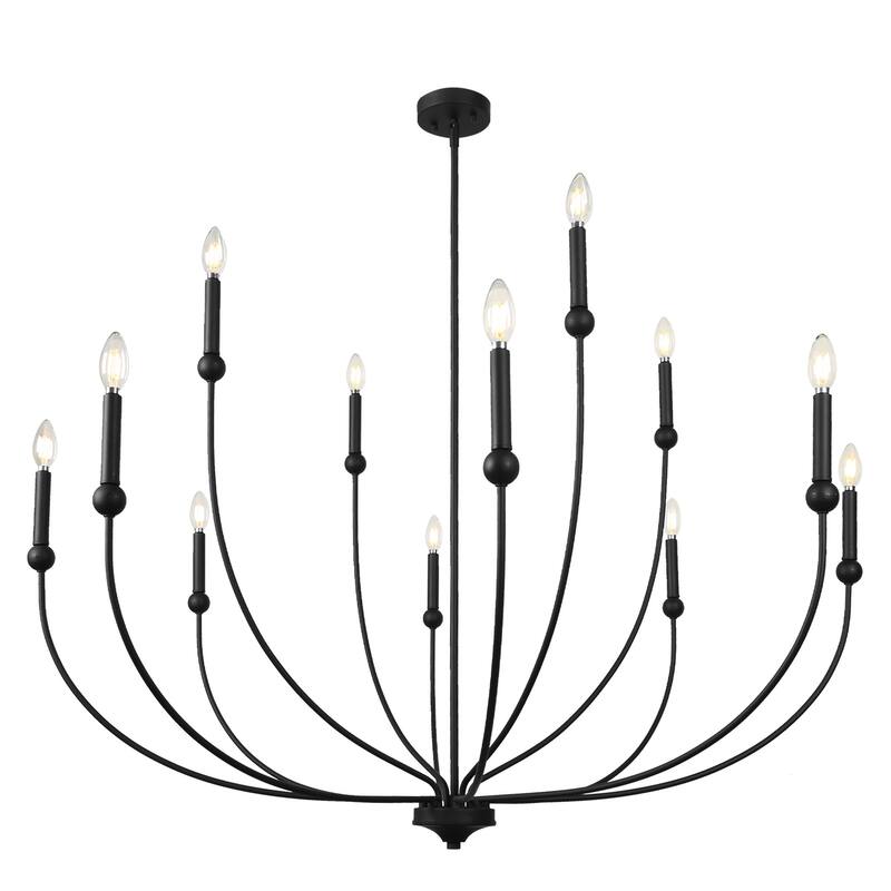 Oriea Mid-Century Modern 2-Tier 12-Light Black Wheel Candle Light for Large Living Dining Room Foyer