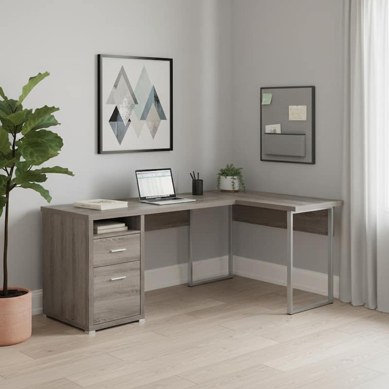 HomeRoots 79" Taupe and Silver L Shape Computer Desk With Two Drawers