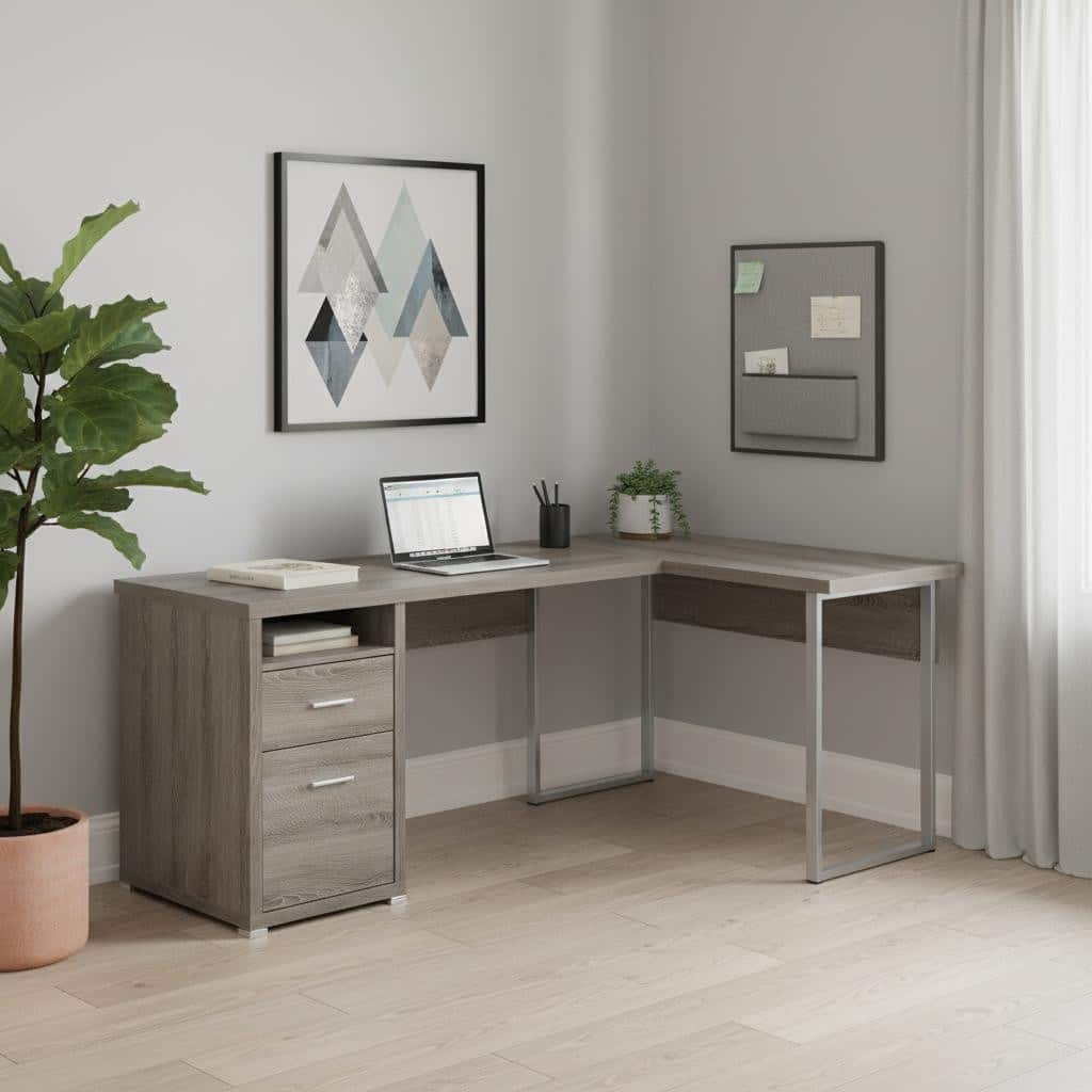 HomeRoots 79" Taupe and Silver L Shape Computer Desk With Two Drawers
