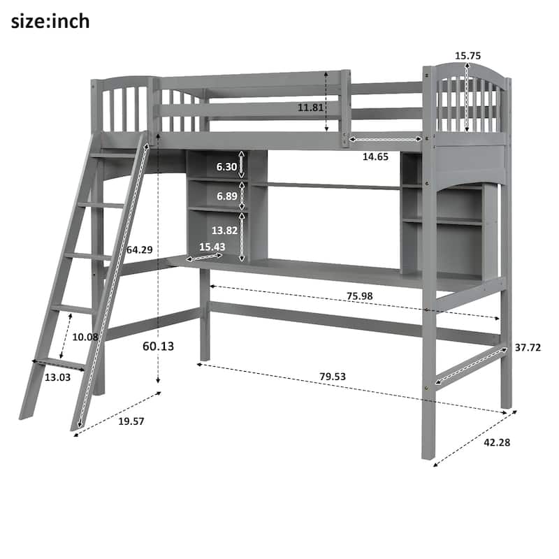 Modern Style Solid Pine Wood Twin Size Loft Bed with Storage Shelves