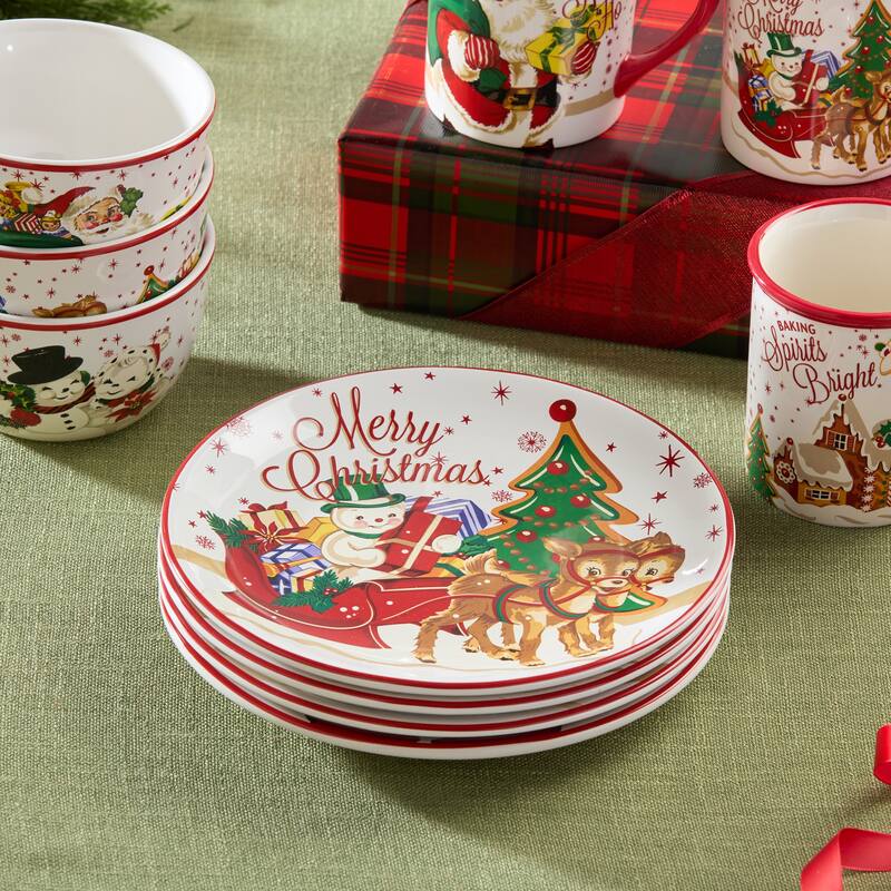 Certifed International Santa's Retro Christmas Set of 4 Dessert/Salad Plates 9" Assorted Designs - 9 L x 9 W x 0.875 H