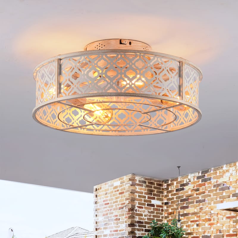 20 inch Flush Mount Ceiling Fan Light with Remote Caged Farmhouse Fandelier Black Wood Low Profile - White(Bulbs not included) - Wrought Iron