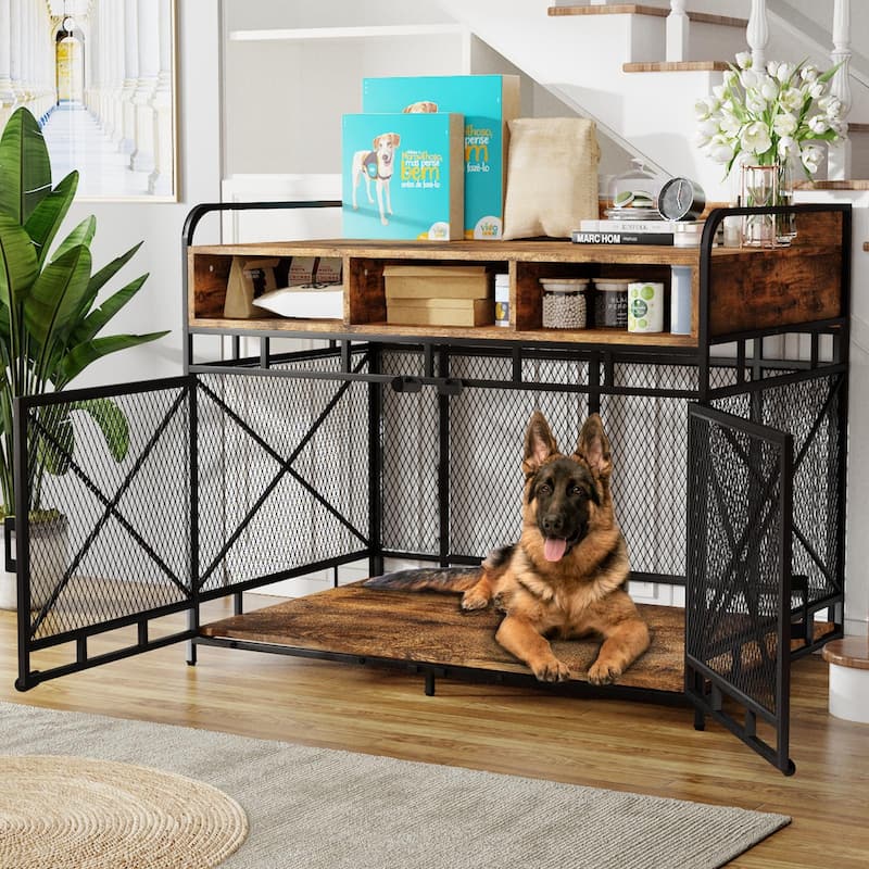 BOSSIN Large Dog Crate Furniture,Wooden Dog Kennel Table with Storage Drawers, Heavy Duty Metal Mesh,Decorative Pet House Indoor