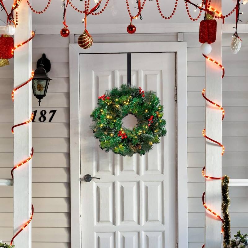 Joyfy 20" Artificial Christmas Wreath with 15" Hanger, Battery Operated