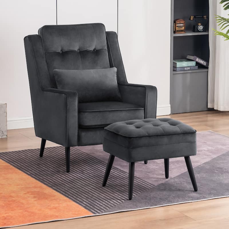 MCombo Modern Accent Club Chair with Ottoman, Velvet Upholstered Armchair with Lumbar Pillow 4278 - Grey