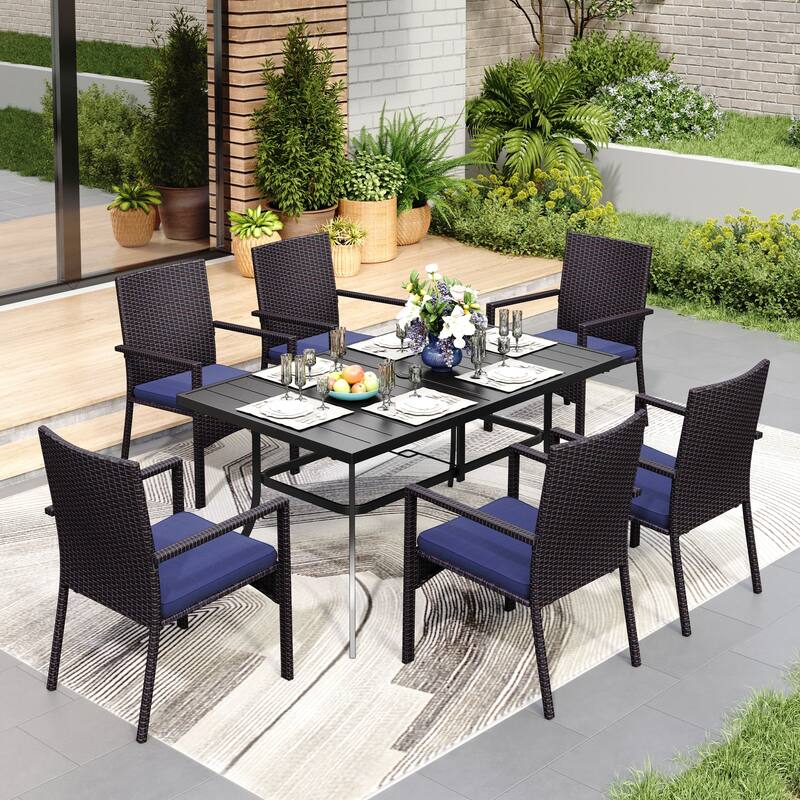 MAISON ARTS 7/8 Pieces Outdoor Patio Dining Set, 6 PE Rattan Chairs with Cushions and 1 Rectangle Metal Table - Brown
