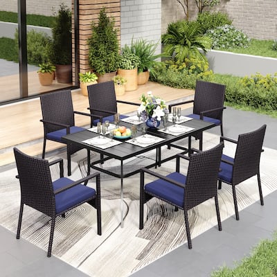 MAISON ARTS 7/8 Pieces Outdoor Patio Dining Set, 6 PE Rattan Chairs with Cushions and 1 Rectangle Metal Table