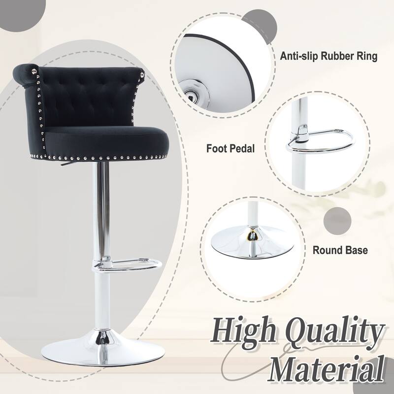 Velvet Bar Stool Set of 2, Adjustable Swivel Bar Stools with Silver Plated Metal Leg, Counter Height Chair