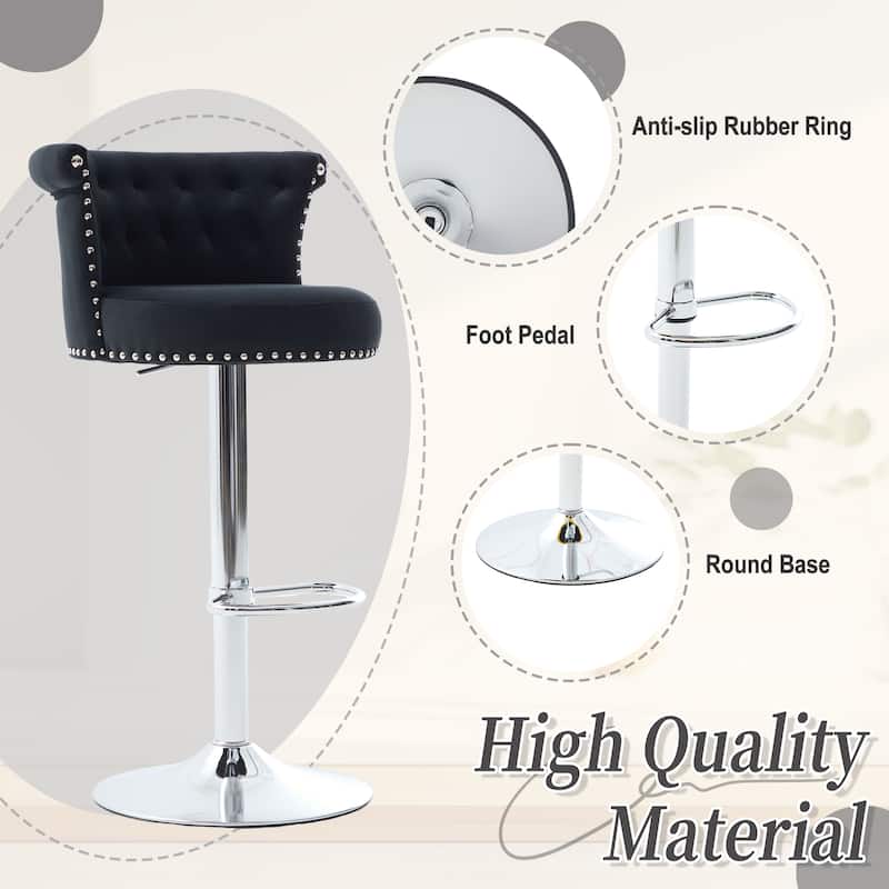 Velvet Upholstered Tufted Nailheads Swivel Adjustable Height Bar Stools with Silver Footrest(set of 2)
