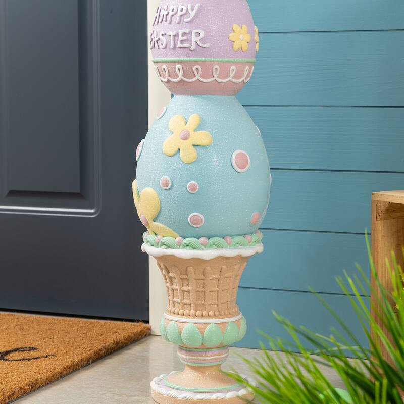 Glitzhome 30.5"H Easter Resin Macaron Stacked Egg & Bunny Porch Decor