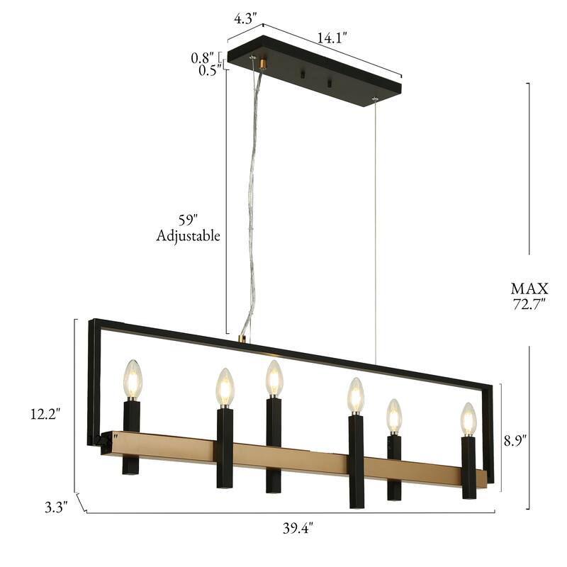 Modern Farmhouse 6-Light Linear Chandelier Black Gold Candle Island Lights for Dining Room - L39.4" x H72.7" Max