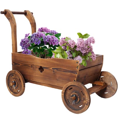 Wooden Wagon Planter Box, Mobile Garden Planter with 4 Wheels, Handle, Drain Hole, Decorative Flower Planter