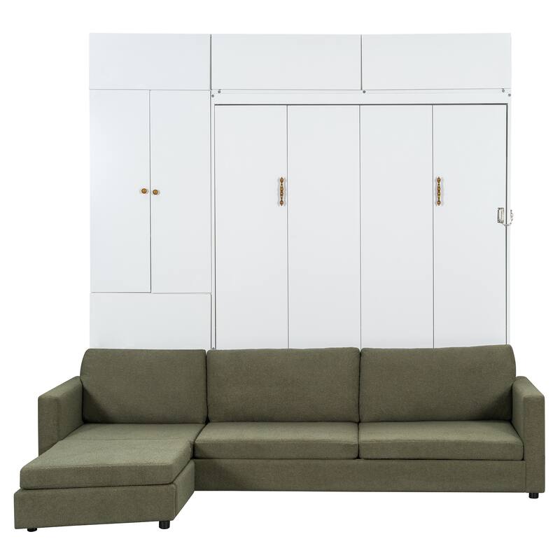 Queen Size Wall Bed with Sofa and Shelves, Space-Saving Design, White Panel, Green Sofa