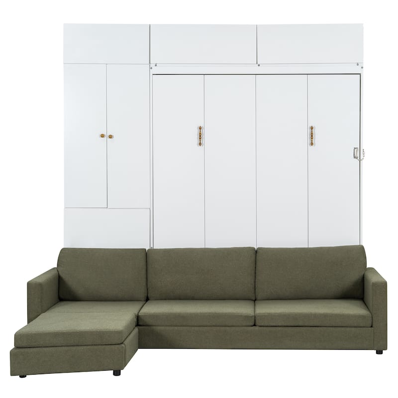 Versatile Queen Size Murphy Bed Wooden Folding Bed Frame integrated with L-shaped Chaise Sectional Sofa and Storage Cabinets