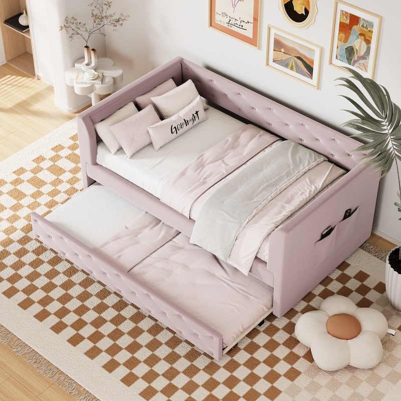 Twin Size Upholstered Velvet Tufted Daybed with Trundle
