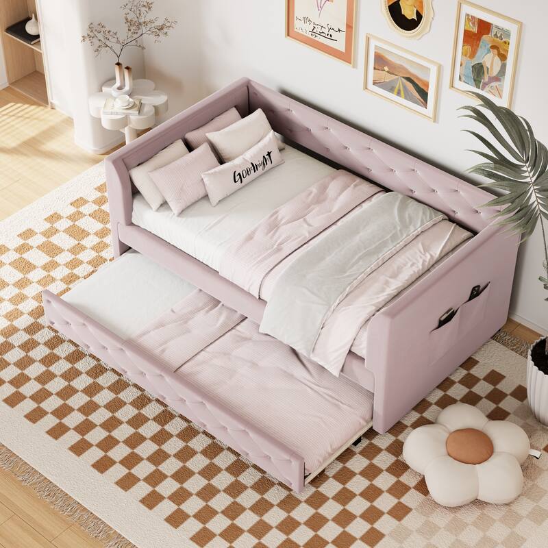 Upholstered Velvet Bed Frame, Twin Size Tufted Daybed with Side Storage Bag, Pull-out Trundle and Button Backrest Headboard