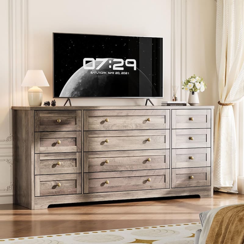 12 Drawer Dresser for Bedroom, Modern Wood Chest with Wide Top for 65" TV, Farmhouse Storage Cabinet
