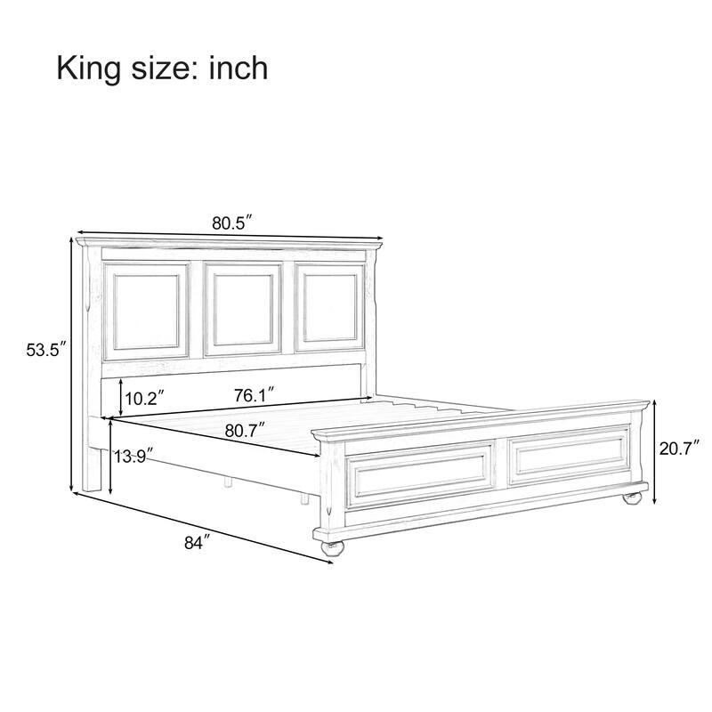 Roomfitters King/Queen Size Bed Frame with Paneled Headboard and Footboard, Traditional Wooden Platform Bed Frame, Brown