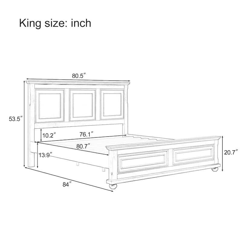 Traditional Town Country Style Grooved Panel Bed, Pine Wood Low Profile Bed, Vintage Wingback Bed Wood Slat Support Platform Bed