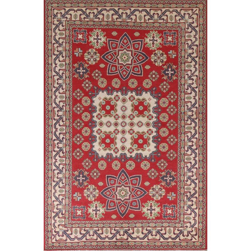 Hand Knotted Oriental 100% Wool Carpet Traditional Geometric Red Kazak Area Rug - 9' 8'' X 6' 6''