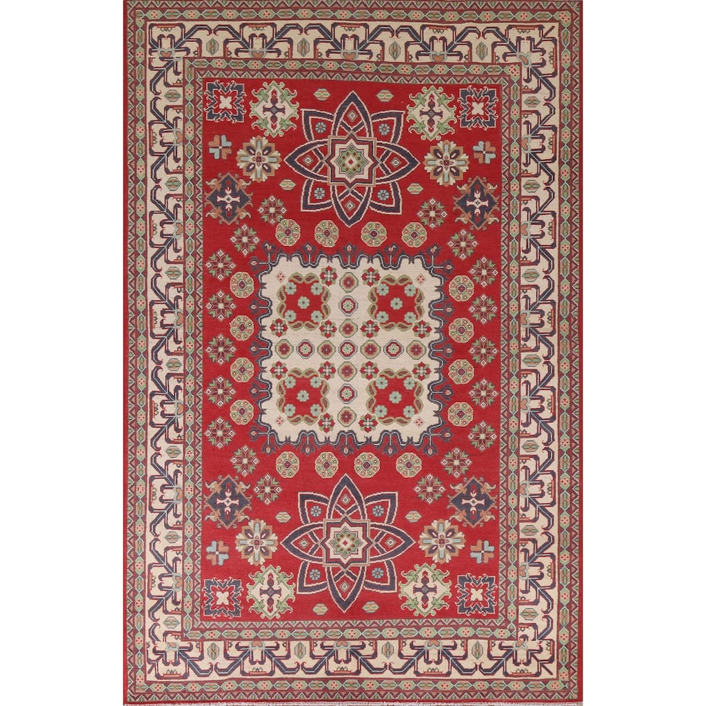 Hand Knotted Oriental 100% Wool Carpet Traditional Geometric Red Kazak Area Rug - 9' 8'' X 6' 6''