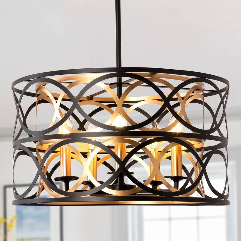 CurveCurio 20" Elegant Black Metal 5-Light Chandelier with Adjustable 40" Hanging Chain for Dining and Living Rooms - 20" * 20" * 12" - Black and copper
