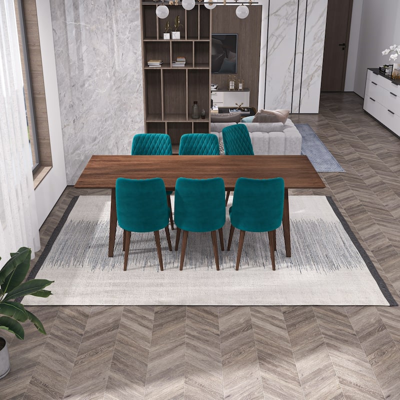 Adrian 7-Piece Mid-Century Dining Set with 6 Velvet Dining Chairs in Teal