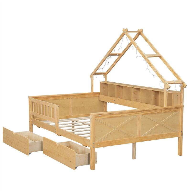 Wooden House Platform Bed with LED Light and 2 Storage Drawers, Full Size Daybed Sofa Bedframe with Storage Shelves & Guardrail