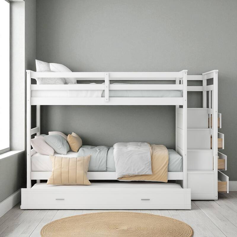Twin Over Twin Bunk Bed with Trundle and Storage Drawers, Staircase Bunk Frame for Kids and Teens - White - Twin