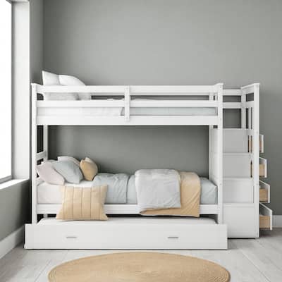 Twin Over Twin Bunk Bed with Trundle and Storage Drawers, Staircase Bunk Frame for Kids and Teens