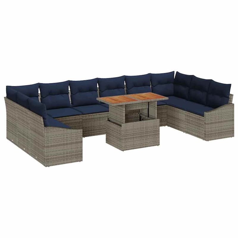 vidaXL 11 Garden Sofa Set with Cushions Black/Grey Poly Rattan - 135.4 x 70.3 x 27.2