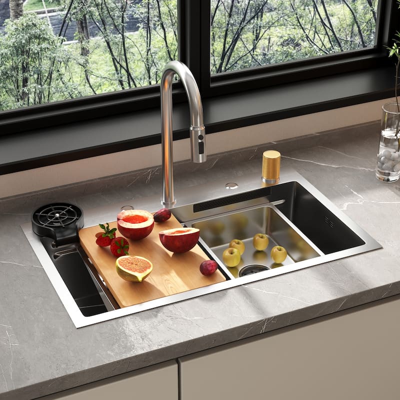 Kitchen Drop In Waterfall Sink Workstation Pull Out Faucet 2 Sizes - Grey