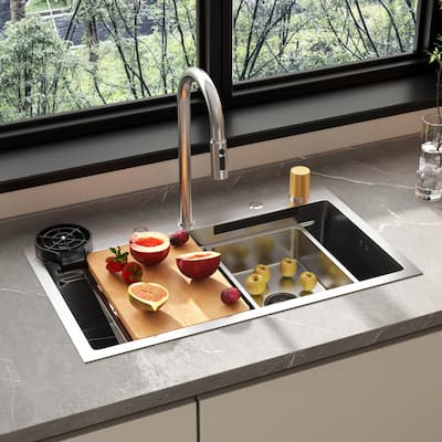 Kitchen Drop In Waterfall Sink Workstation Pull Out Faucet 2 Sizes