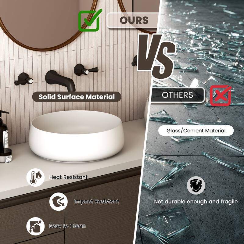 Solid Surface Vessel Bathroom Sink with Pop-Up Drain and Drain Hose, Modern Above Counter Wash Basin with Center Drain